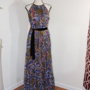 Candalite Petite, shear overlay Floral Halter Maxi Dress